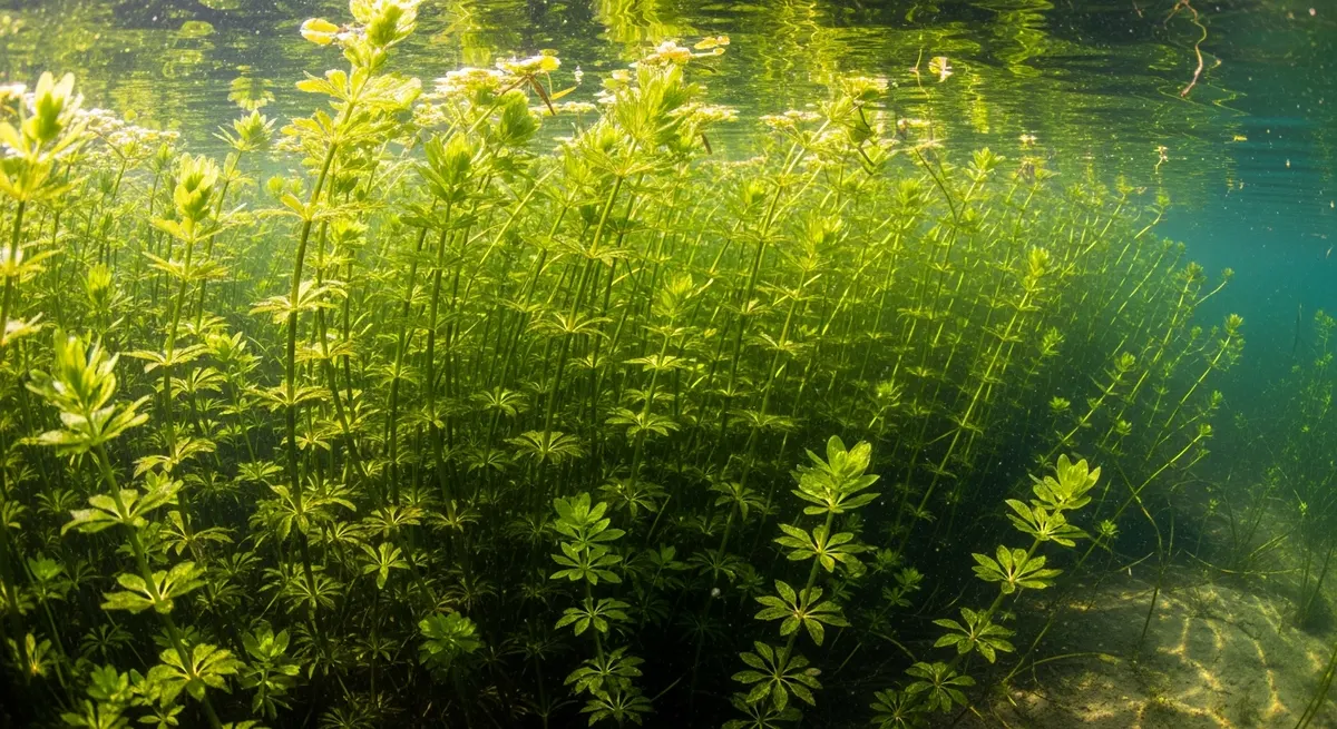 Hydrilla verticillata forming a dense surface mat on a Florida lake, with characteristic whorled serrated leaves visible