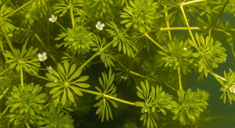 Hydrilla verticillata stems and whorled leaves in clear freshwater, dense submerged growth near lake bottom
