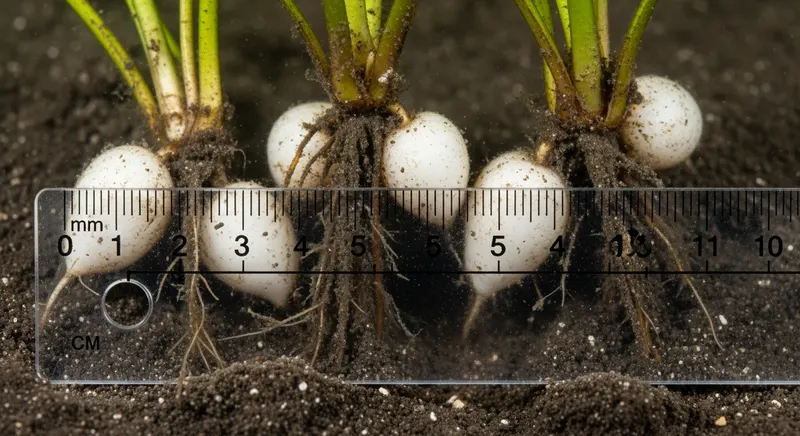 Hydrilla tubers — small white rounded vegetative propagules — attached to root crowns in lake sediment with ruler for scale