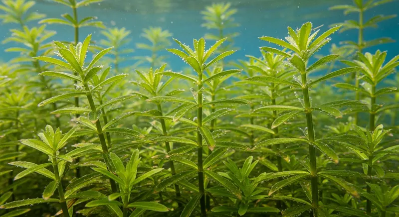 Hydrilla verticillata dense whorled stems and serrated leaves in clear freshwater, underwater macro view