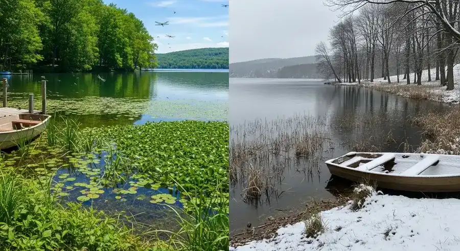Aquatic weed identification by season — seasonal guide showing which species are visible and identifiable in spring, summer, fall, and winter