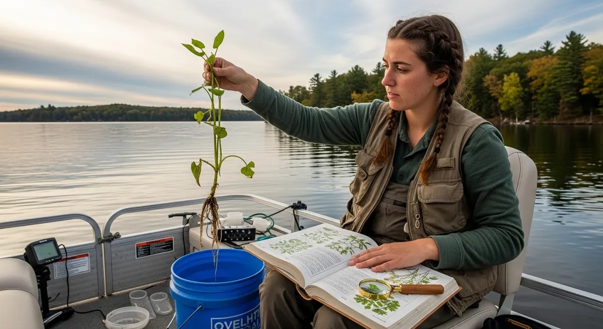 Aquatic biologist examining plant specimen on a boat with identification field guide