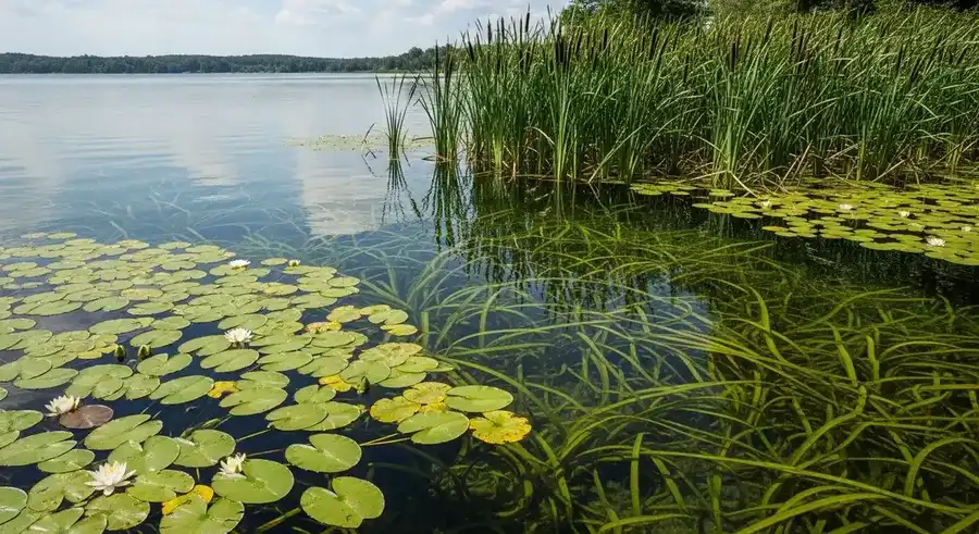 Cross-section diagram of a water body showing three aquatic weed growth forms — floating plants on the surface, submerged plants anchored to the sediment, and emergent plants rooted at the shoreline with stems rising above the water surface