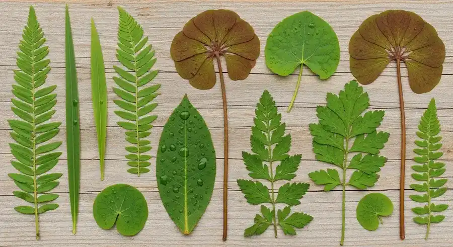 Aquatic plant leaf specimens showing diverse identification features for field guide use