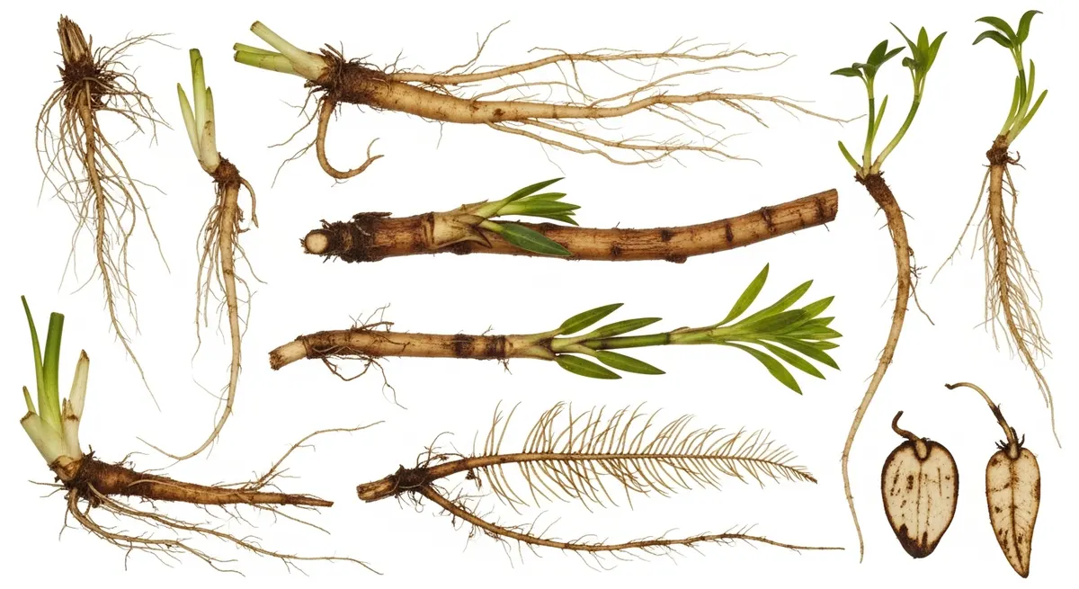 Aquatic plant root and rhizome specimens showing different root types for identification