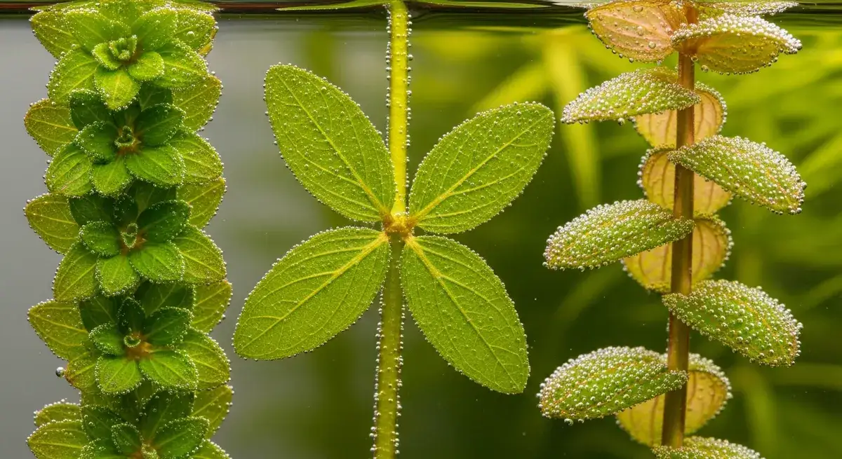 Aquatic plant stems showing whorled, opposite, and alternate leaf arrangement patterns