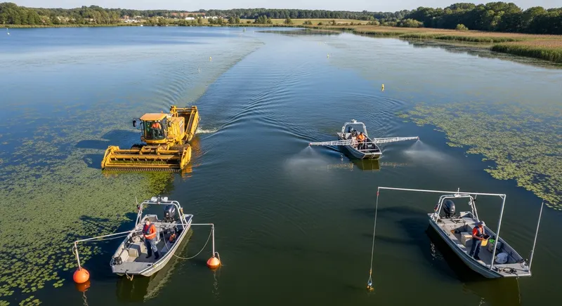 Coordinated lake restoration showing harvester machine, herbicide boat, and monitoring equipment all operating on the same large lake