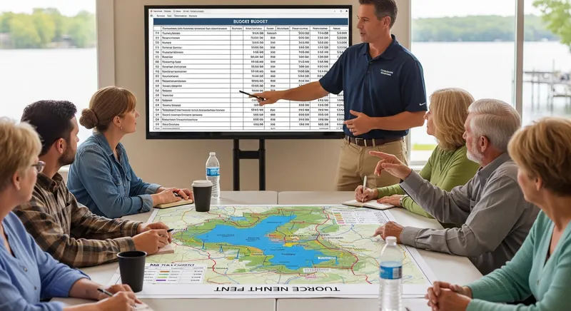 Lake management contractor presenting annual treatment budget and distribution data maps to a lake association board