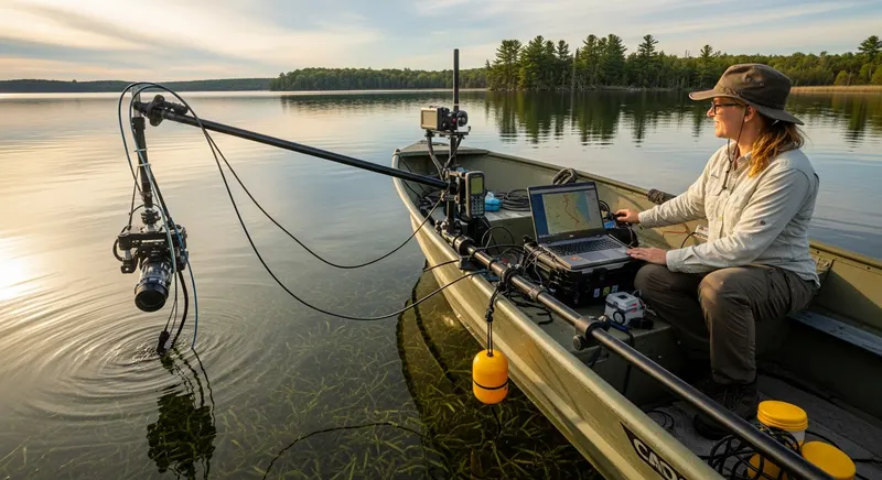 Lake management professional using GPS equipment and underwater camera to map aquatic weed distribution from a boat