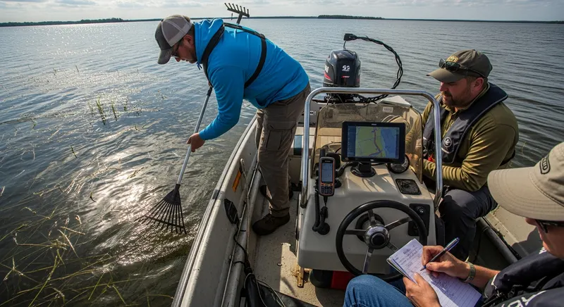 Lake management team reviewing vegetation map and treatment plan on a research boat