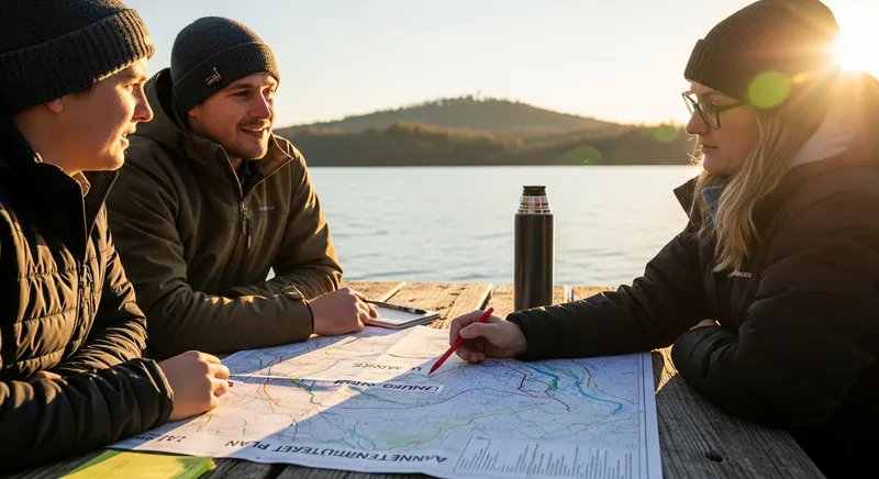 Lake management team reviewing annual treatment plan on a large printed map spread across a table near the shoreline