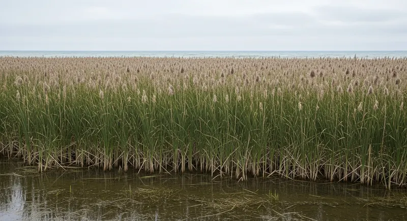 Dense invasive Phragmites australis monoculture stand replacing diverse native marsh
