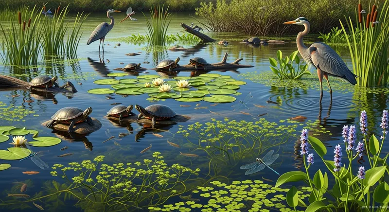 Native aquatic plants supporting thriving freshwater wildlife — turtles basking, herons wading, dragonflies hovering, healthy diverse wetland ecosystem