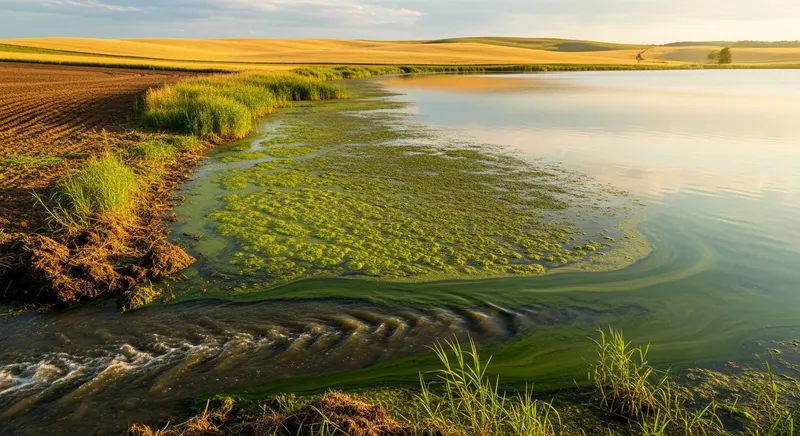 Agricultural runoff flowing from a farm field into a freshwater lake causing visible green algae bloom and aquatic weed growth near shoreline
