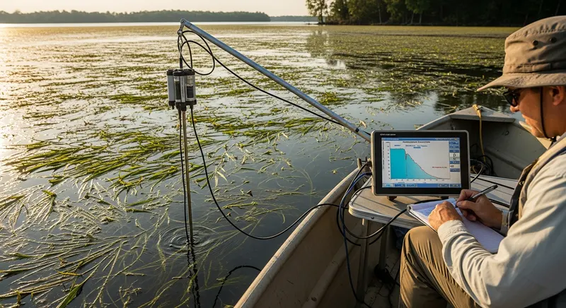 Water quality scientist measuring dissolved oxygen and nutrient concentrations in a freshwater lake from a research boat