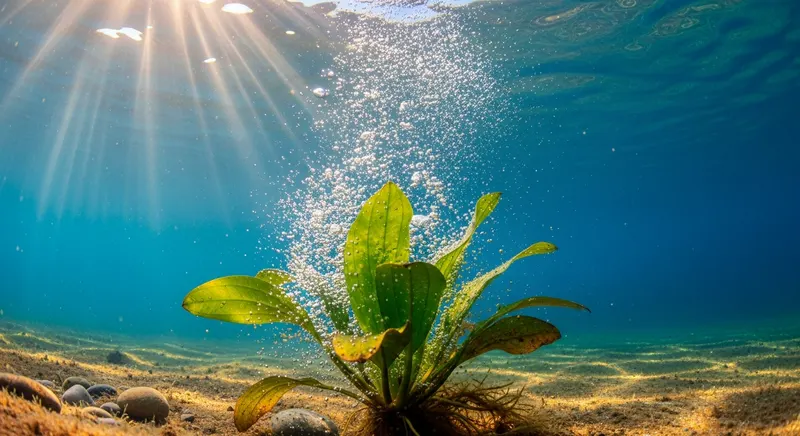 Submerged aquatic plant releasing dramatic oxygen bubble streams during active photosynthesis, crystal clear sunlit water