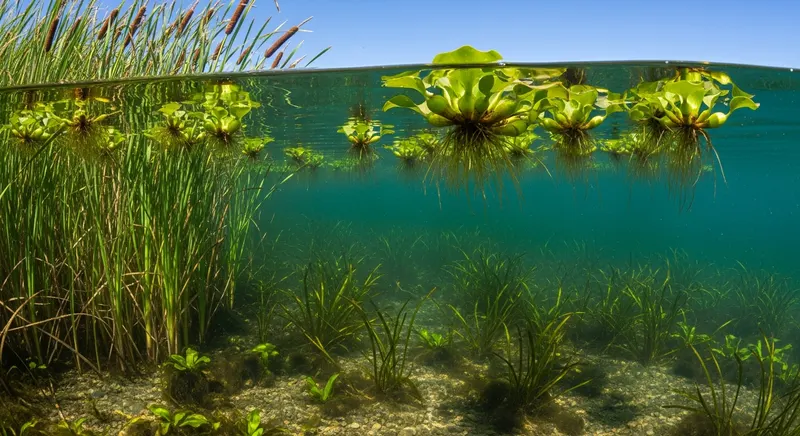 Diagram showing three aquatic weed growth categories: floating plants on the water surface, submerged plants anchored to the sediment below, and emergent plants rooted in shallow water with stems rising above the surface