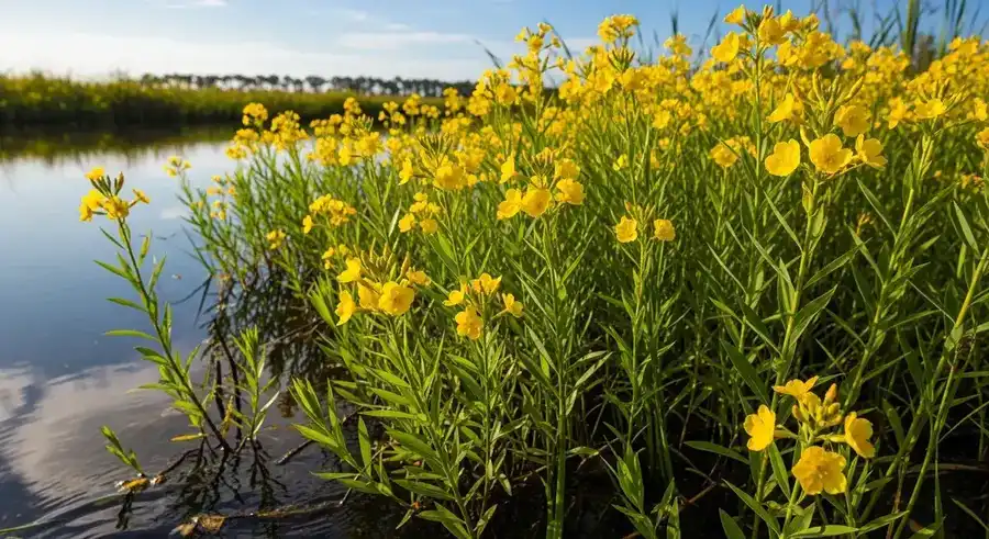 Primrose willow (Ludwigia spp.) invasive emergent weed with bright yellow flowers in dense mat
