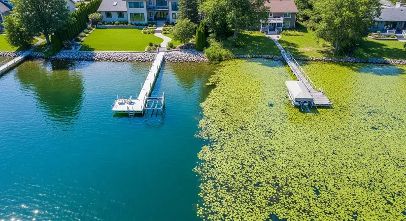 Aerial view contrasting lakefront property with clear water and clean dock versus adjacent property with dense aquatic weed coverage blocking access