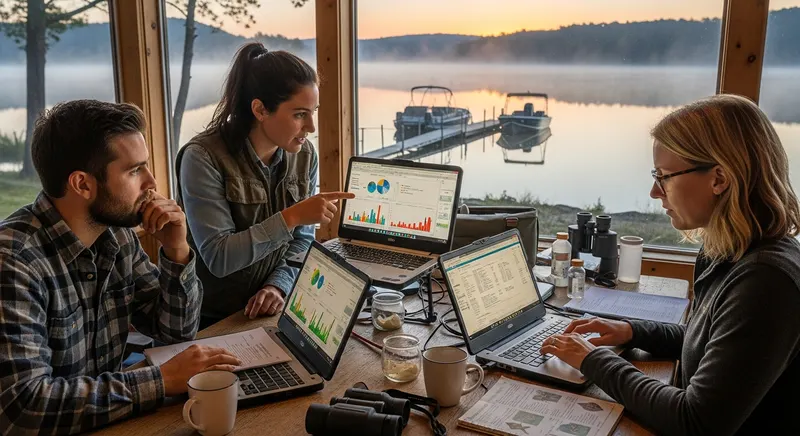Aquatic ecologist research team at a lakeside field station reviewing water quality data on laptops