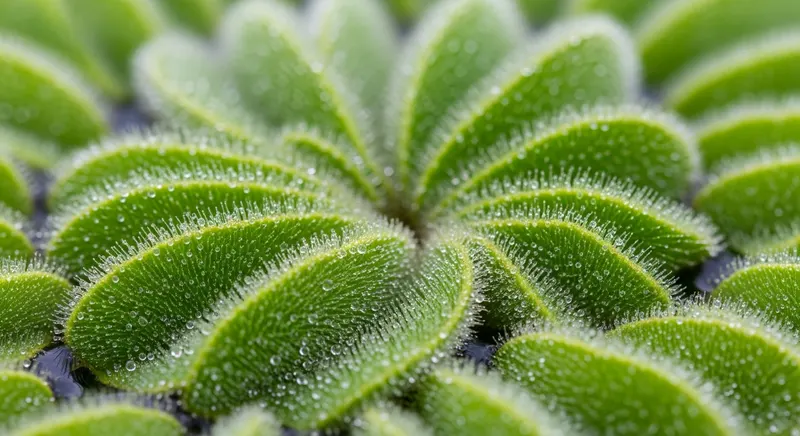 Giant salvinia (Salvinia molesta) close-up showing distinctive eggbeater-shaped hair structures on the water-repellent leaf surface, bright green