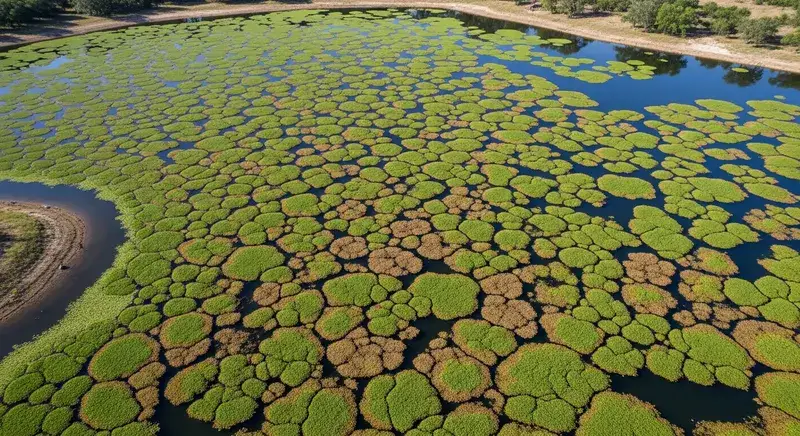 Giant salvinia mat on a Texas reservoir showing actively growing green portions and older compacted brown mat sections from aerial view