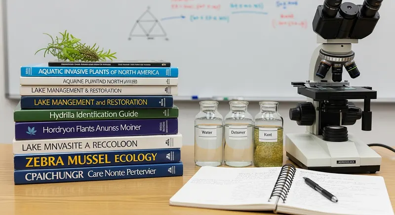 Stack of scientific journals and field guides about aquatic invasive plants and lake management on a researcher's desk