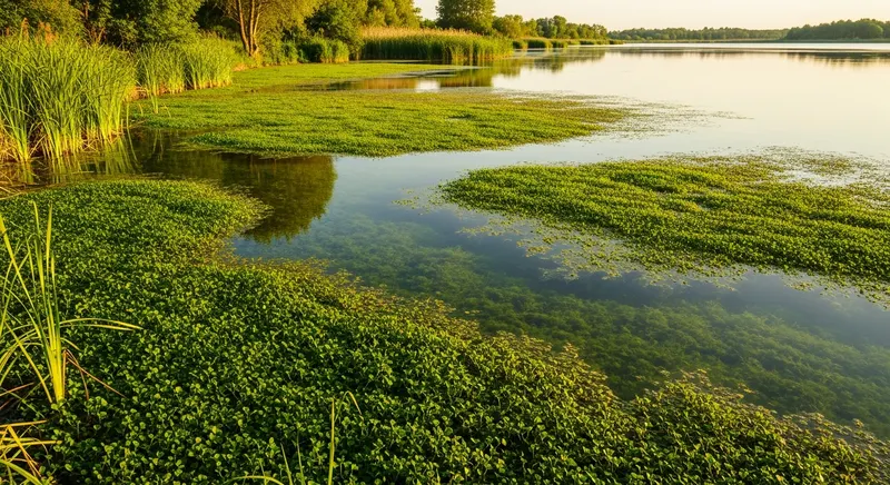 Cross-section of a reservoir showing normal summer water level with submerged aquatic weed beds extending to 6 feet depth, and winter drawdown level 5 feet lower exposing weed beds to freezing temperatures and desiccation