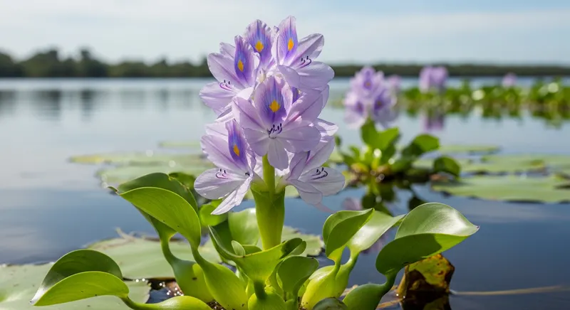 Water hyacinth (Eichhornia crassipes) showy lavender-blue flower spike rising above glossy leaves on a Florida lake