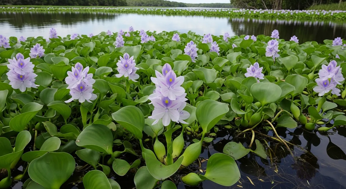 Water hyacinth mats covering a channel in the Sacramento-San Joaquin Delta, California, blocking water flow and navigation
