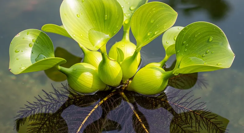 Water hyacinth inflated bulbous petioles and glossy rosette leaves with dangling feathery purple roots below the water surface