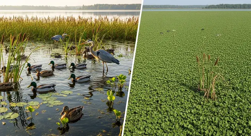 Waterfowl and herons foraging in a healthy native aquatic plant community versus barren weed-choked lake showing habitat quality contrast