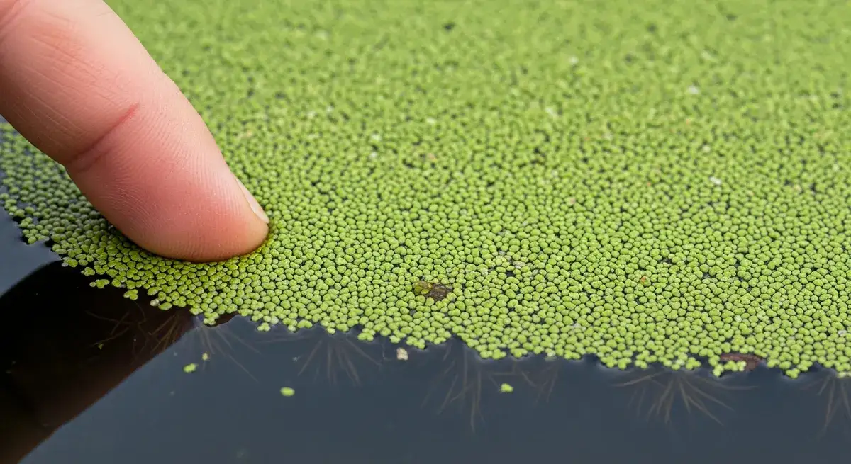 Watermeal (Wolffia spp.) — world's smallest flowering plant, rootless granular fronds covering water surface